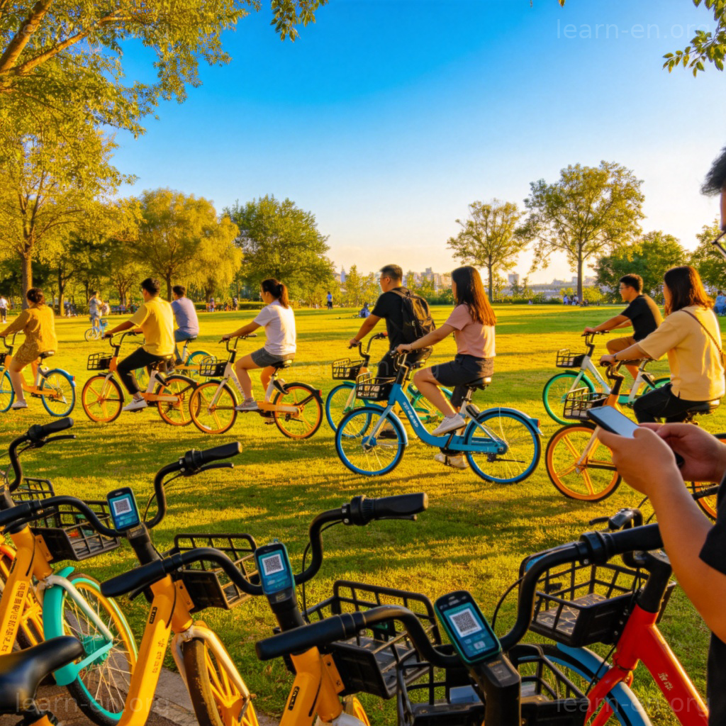 Shared Bike 共享单车图解：城市公园中人们扫码租用彩色自行车