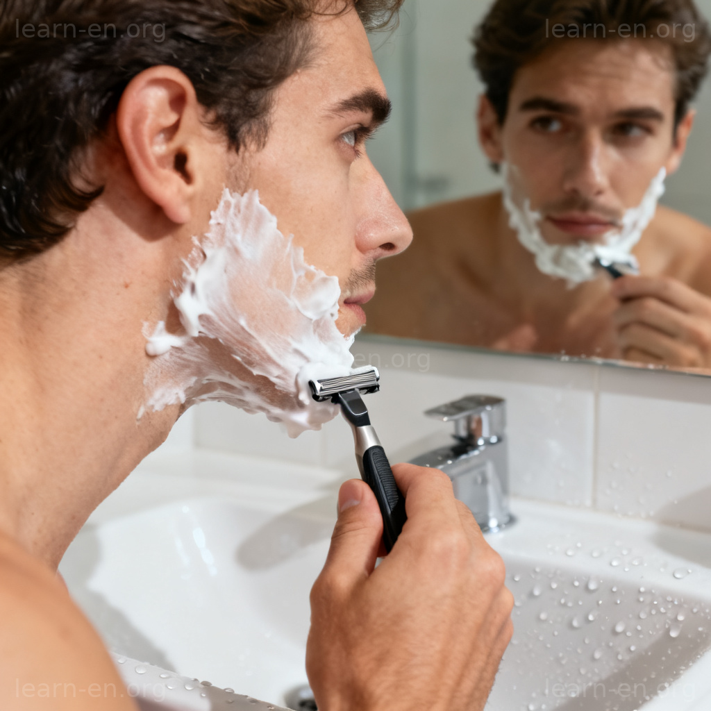 shave 刮胡子图解：男子在浴室用剃须刀刮脸