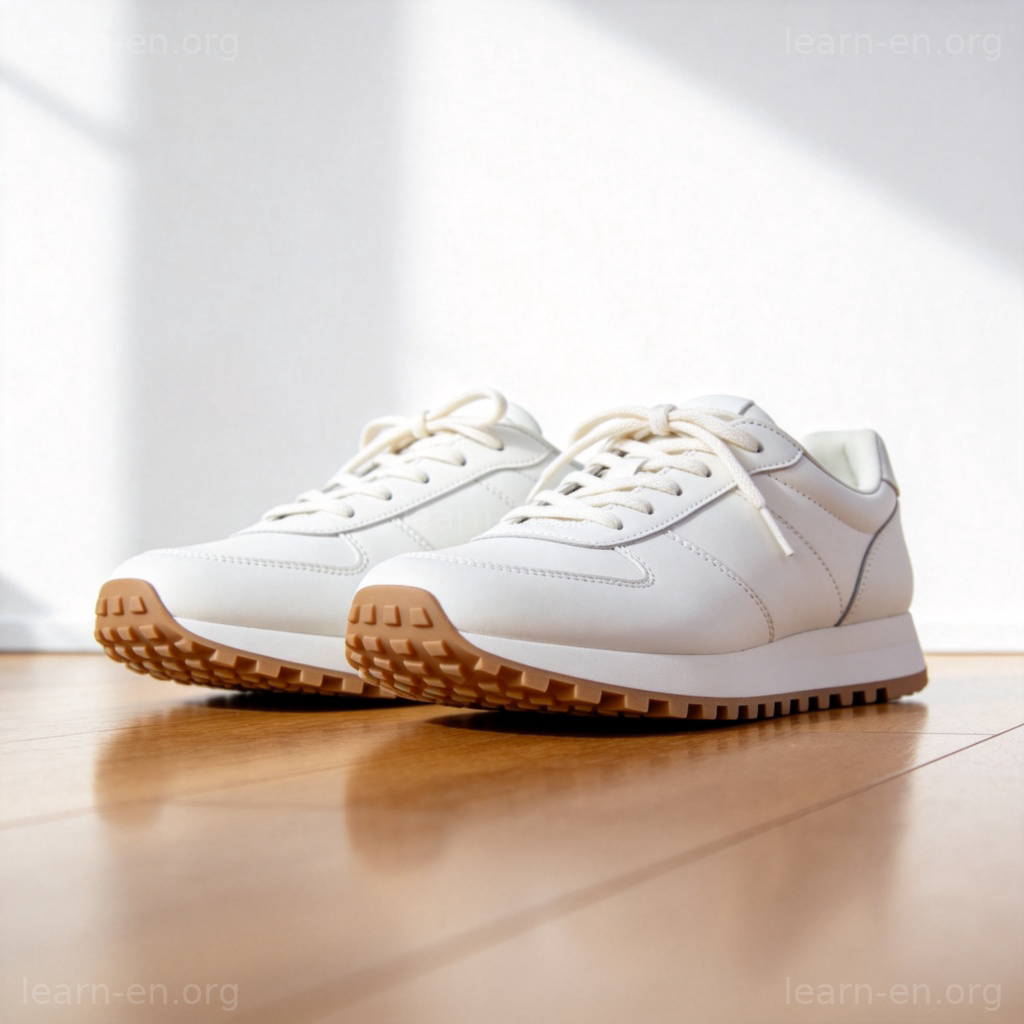 shoe 鞋子图解：一双现代运动鞋在木地板上的侧视图