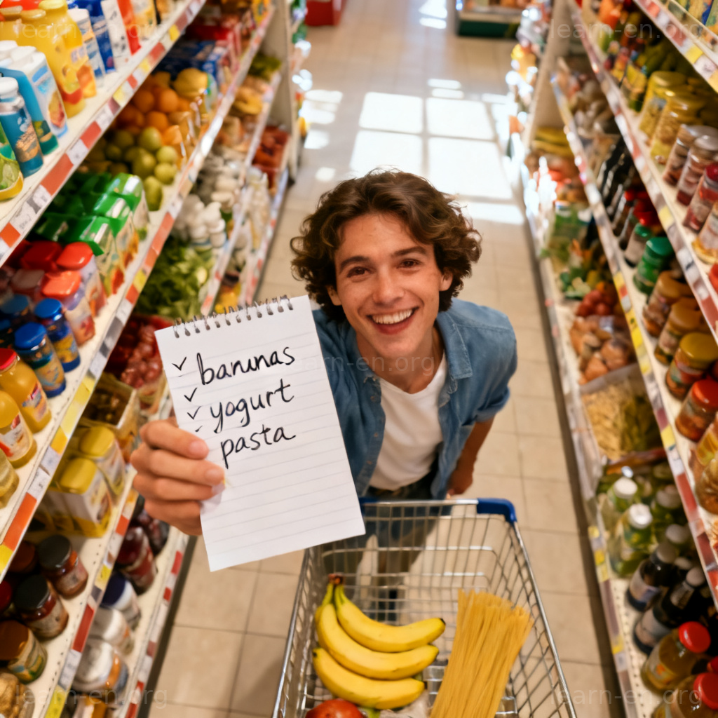 shopping list 图解：开心顾客在超市手持手写购物清单