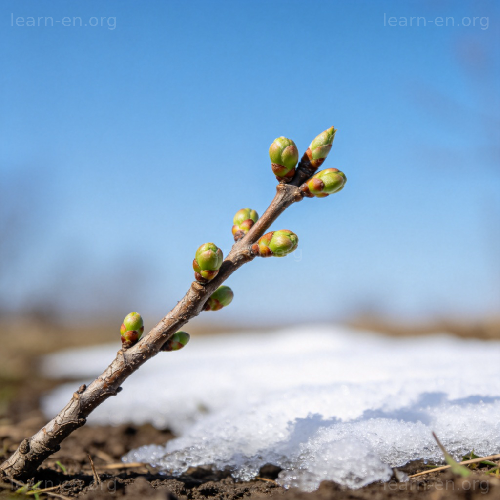 sign 迹象图解：枝头新芽与融雪预示季节变化