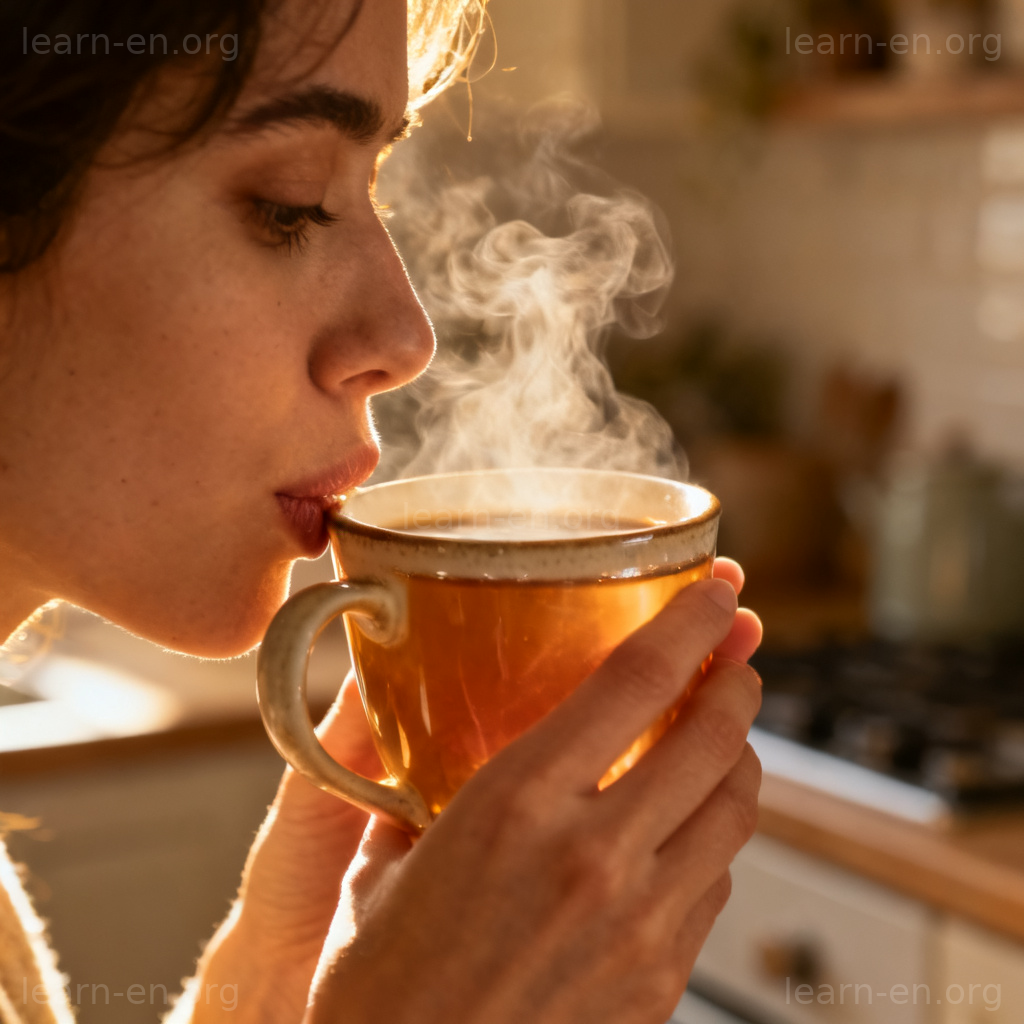 sip 小口喝图解：人物手持热饮轻啜的场景