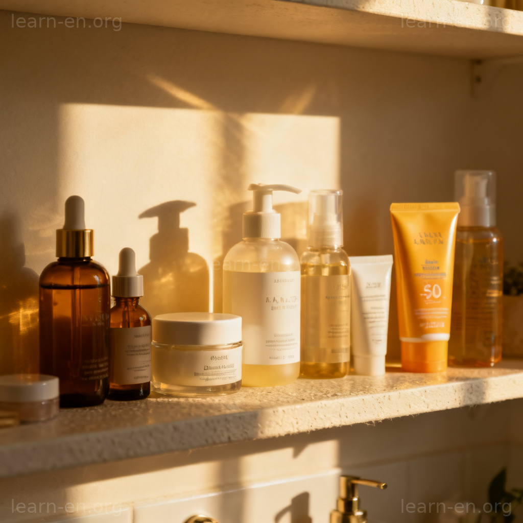 skincare products 护肤品图解：展示洗面奶、爽肤水、精华和面霜等常见产品