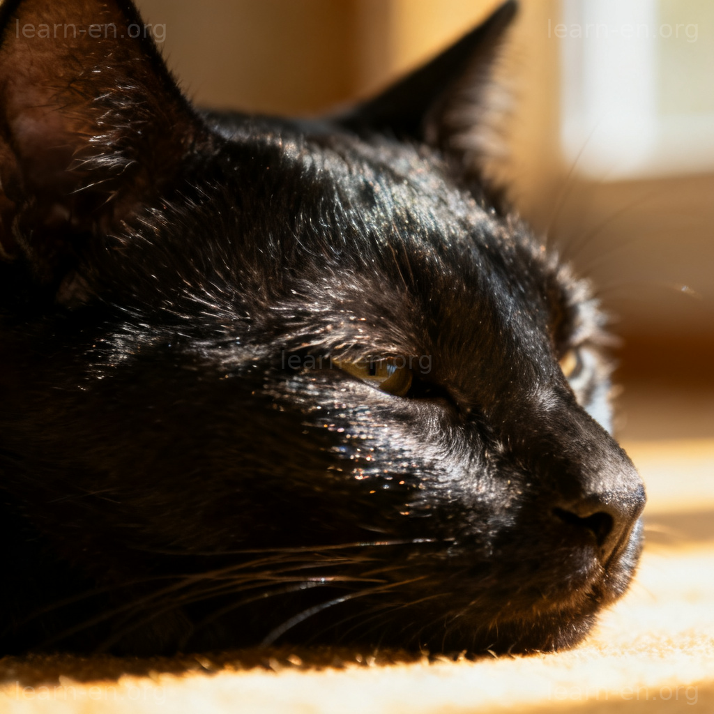sleek 含义图解：光滑黑猫皮毛在阳光下闪耀