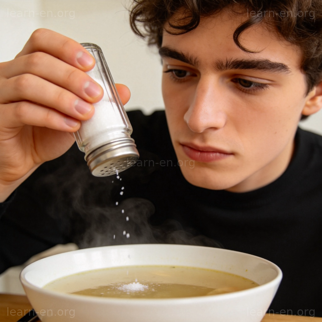slightly 含义图解：向汤中撒入少量盐的场景