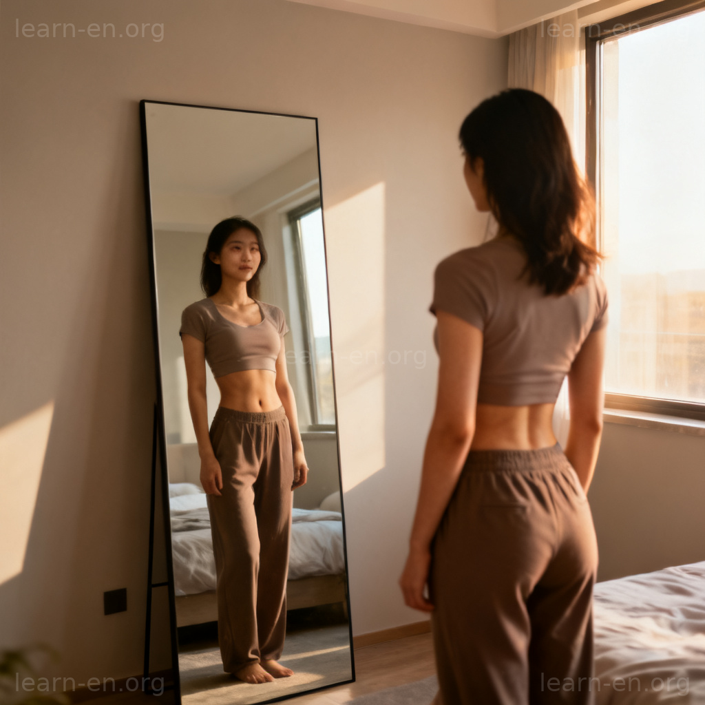 slim 含义图解：健康苗条身材的女性对镜自照