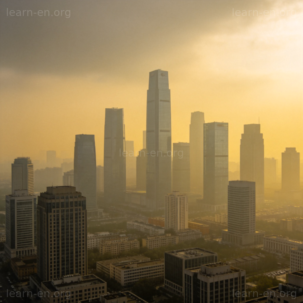 smog 雾霾图解：被灰黄色雾霾笼罩的现代城市天际线