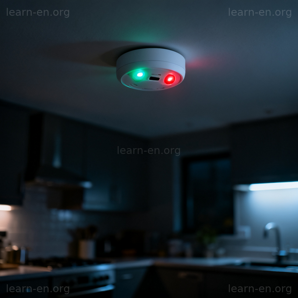smoke detector 烟雾探测器图解：白色天花板上圆形设备亮绿灯