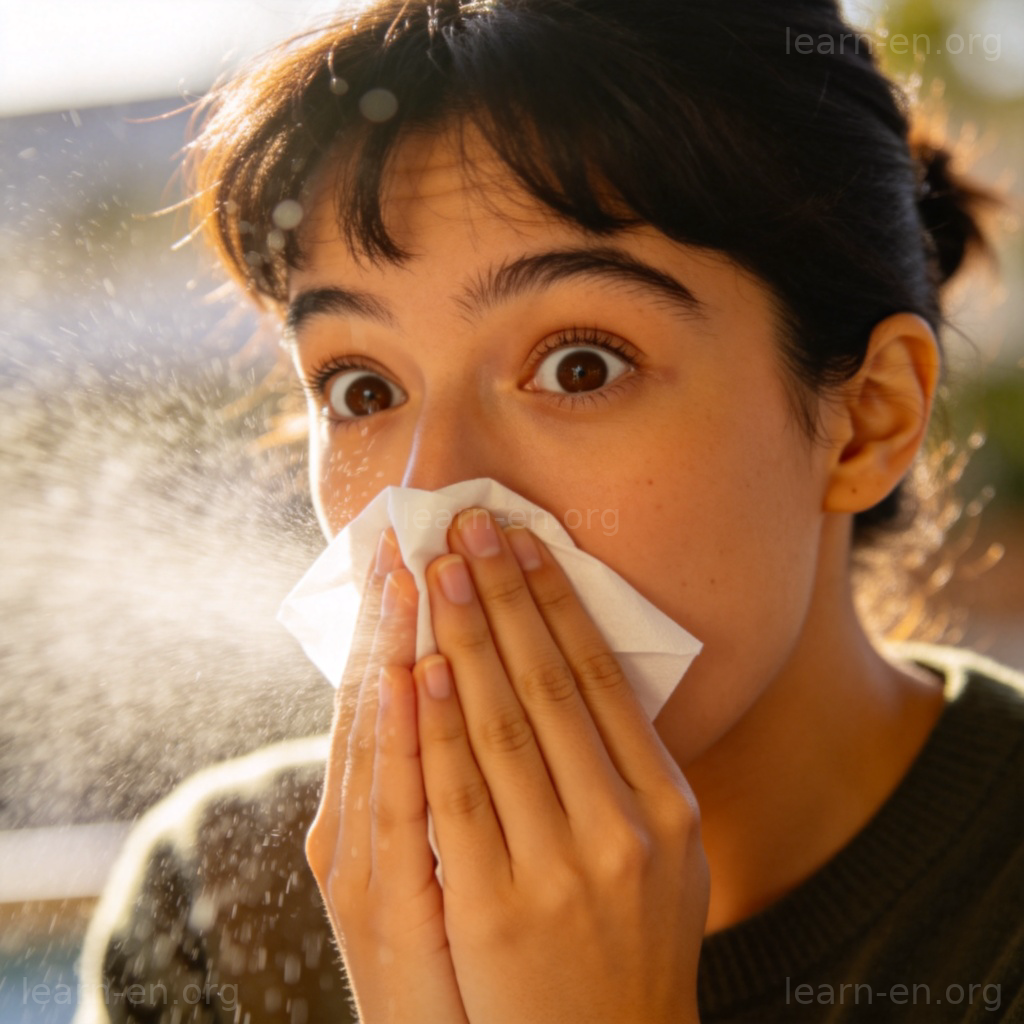 Sneeze 图解：一个人打喷嚏时用纸巾捂住鼻子的动态场景