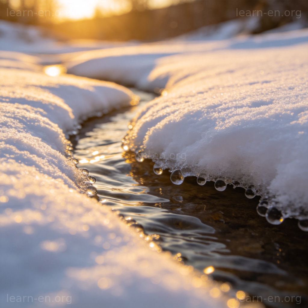 Snow is melting 图解：阳光照射下积雪边缘融化形成水滴