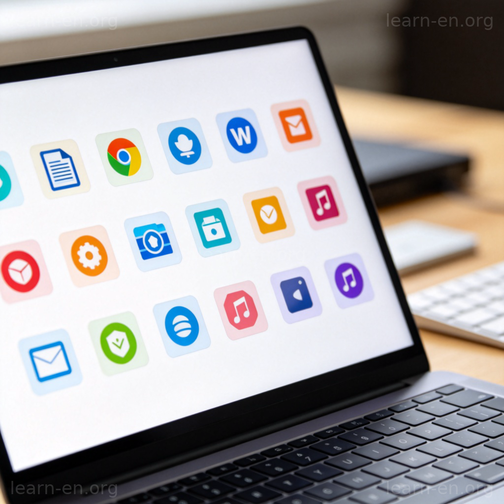 software 软件图解：笔记本电脑屏幕上显示的多彩应用图标