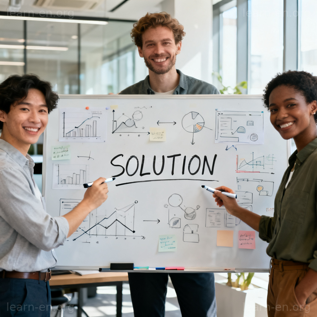 solution 解决方案图解：团队在白板前讨论解决方案