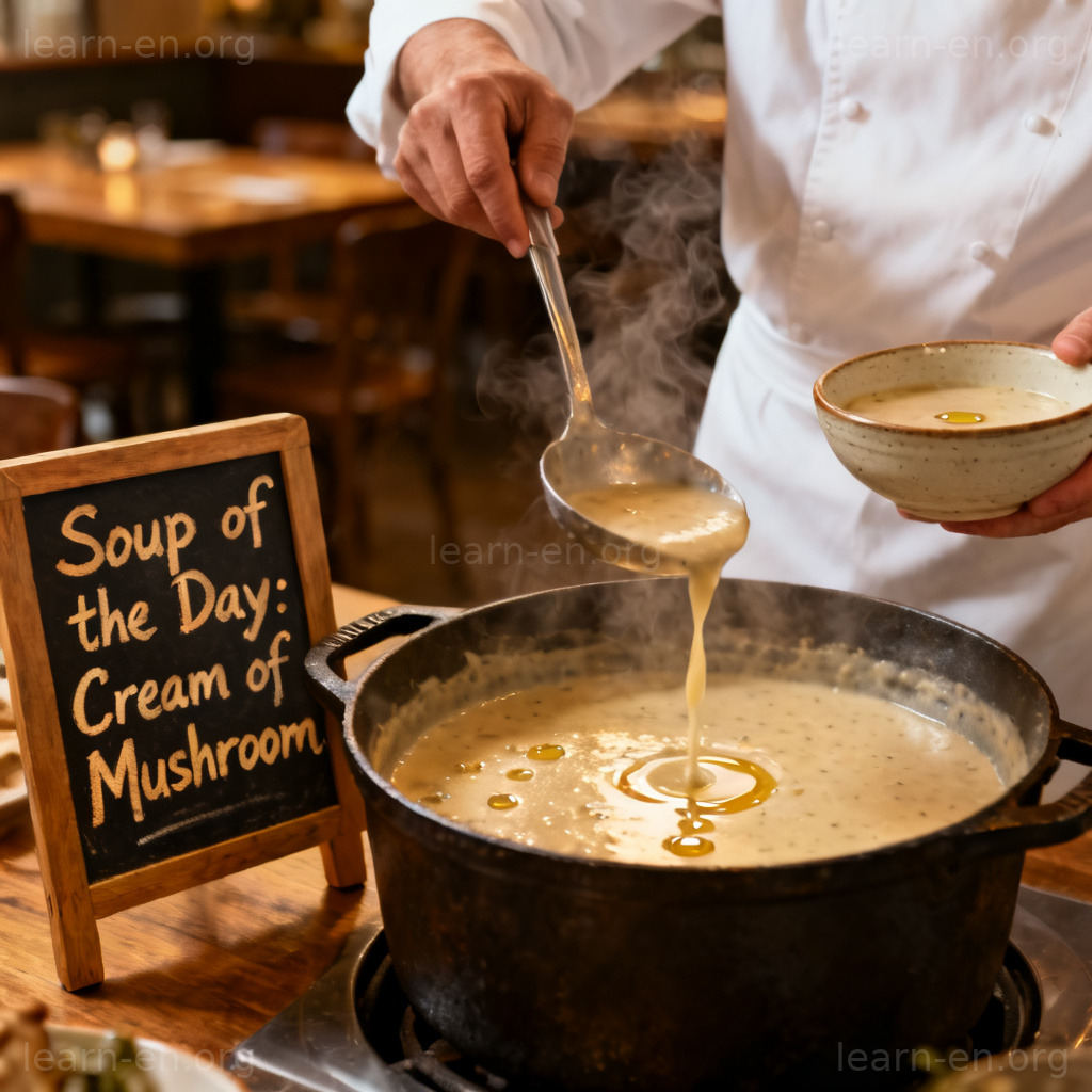 Soup of the Day 图解：厨师从锅中舀出蘑菇浓汤，旁边小黑板写着每日例汤