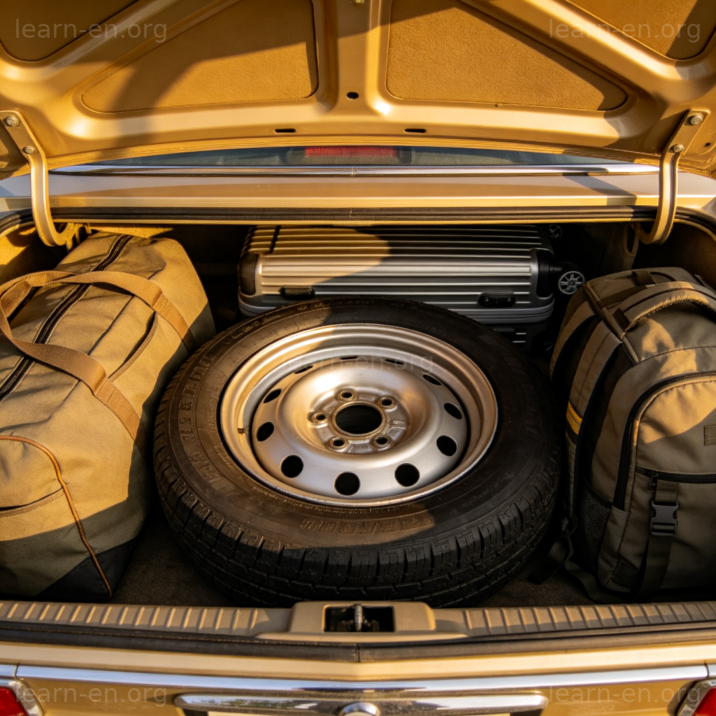 Spare Tire 字面含义：汽车后备箱中存放的备用轮胎特写