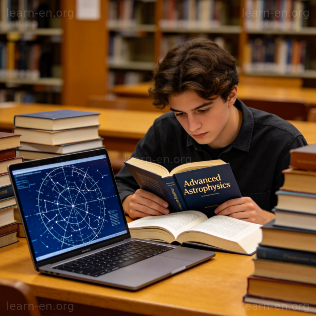 specialize 图解：学生在图书馆专攻天体物理学的场景