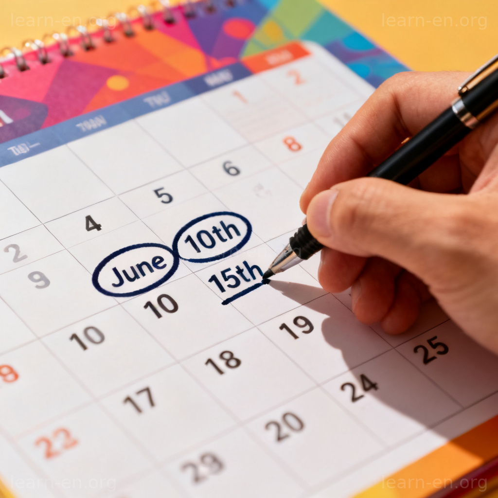 specific dates 图解：用笔在彩色日历上圈出6月10日和15日等具体日期