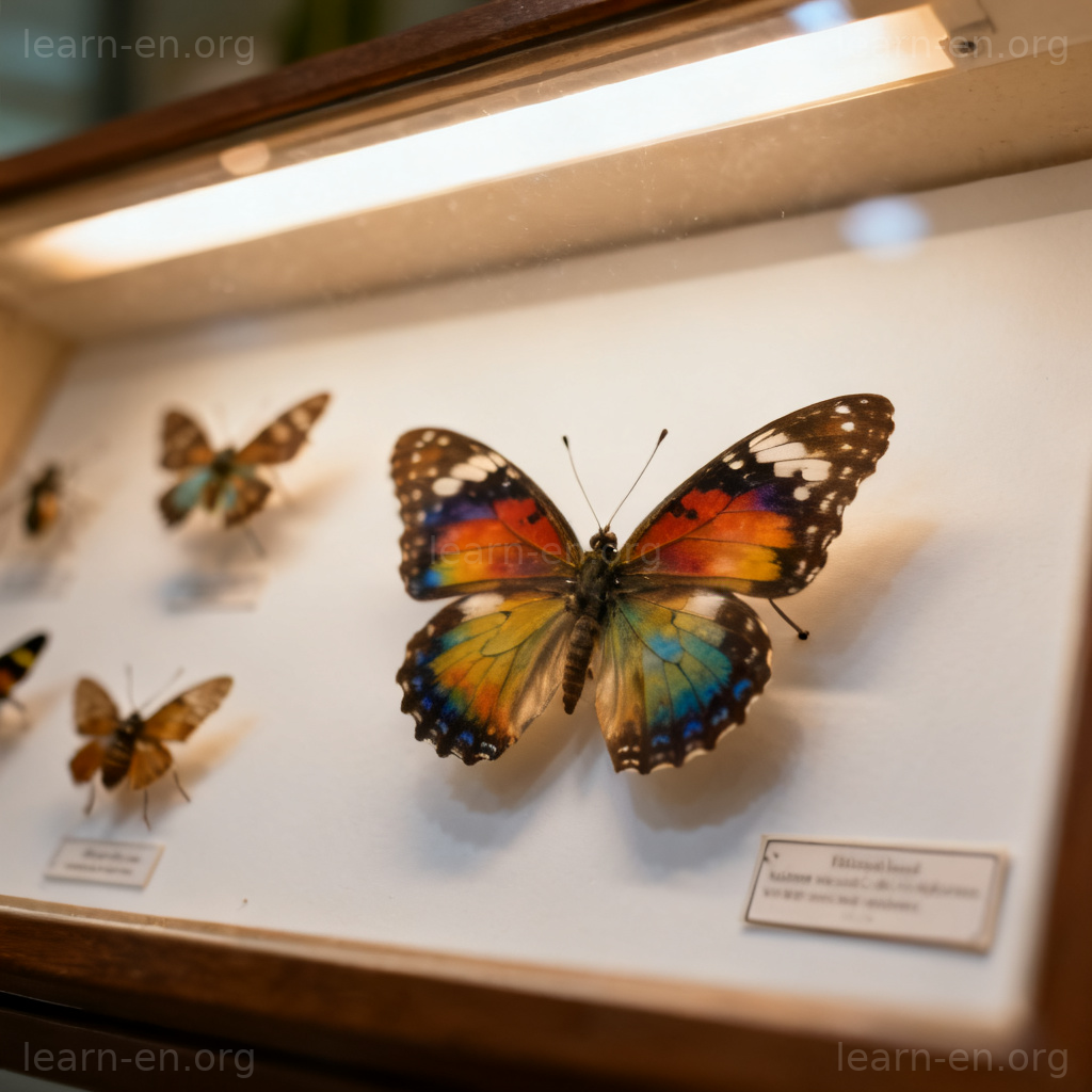 specimen 标本图解：博物馆展示的蝴蝶标本特写