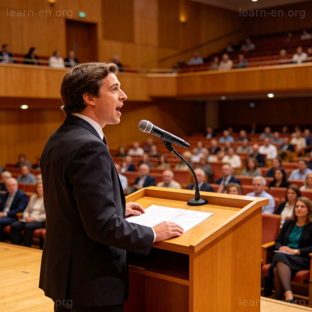speech 演讲场景图解：演讲者在讲台后面对观众发言
