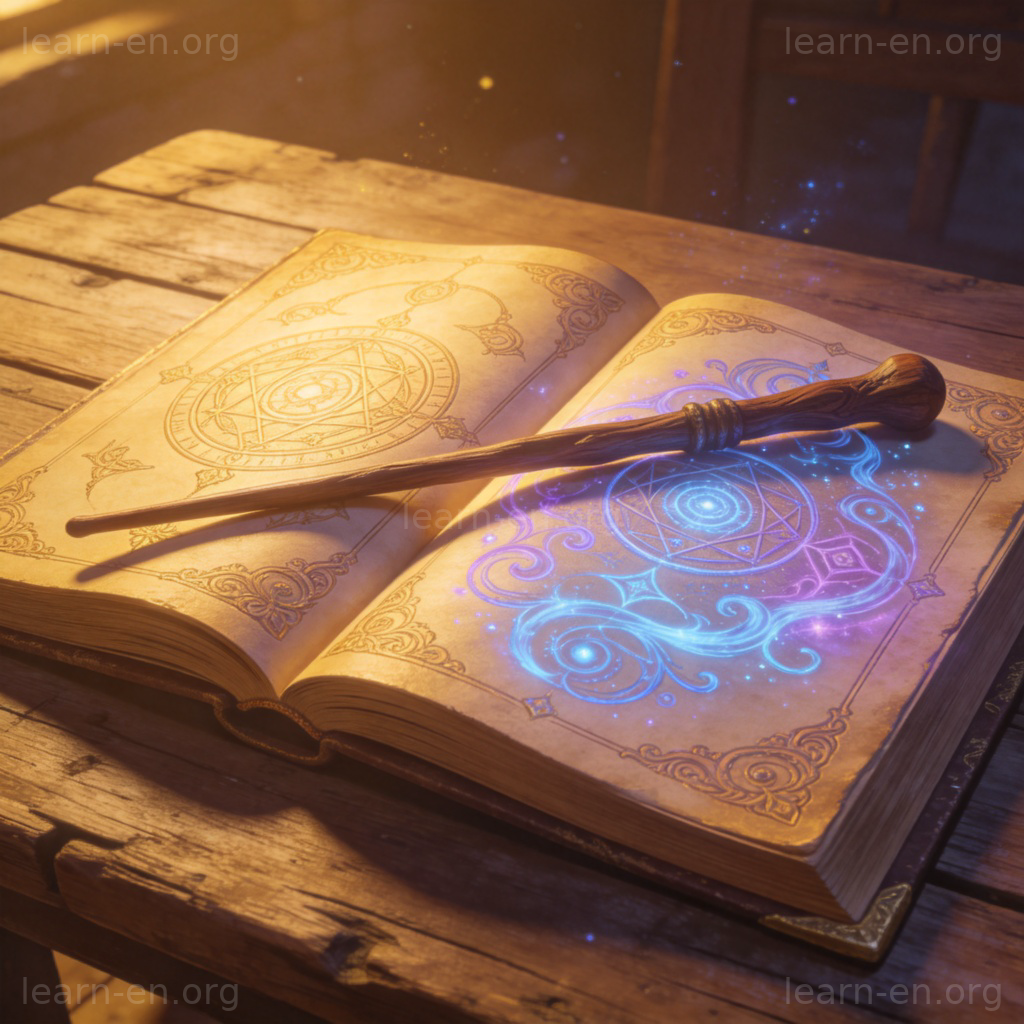 spell咒语图解：古老魔法书与魔杖展现神秘力量