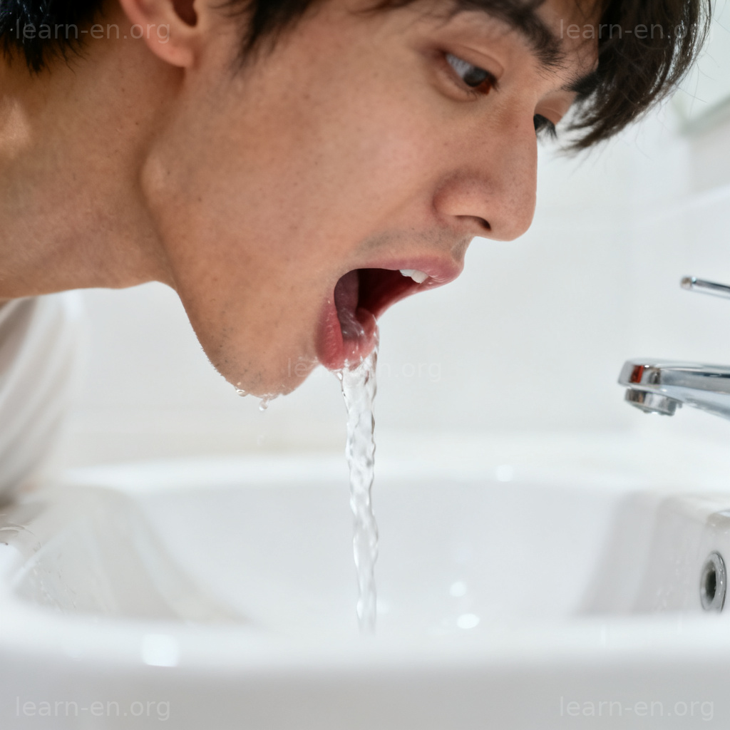 spit动词图解：人物向白色水槽吐水的动作特写