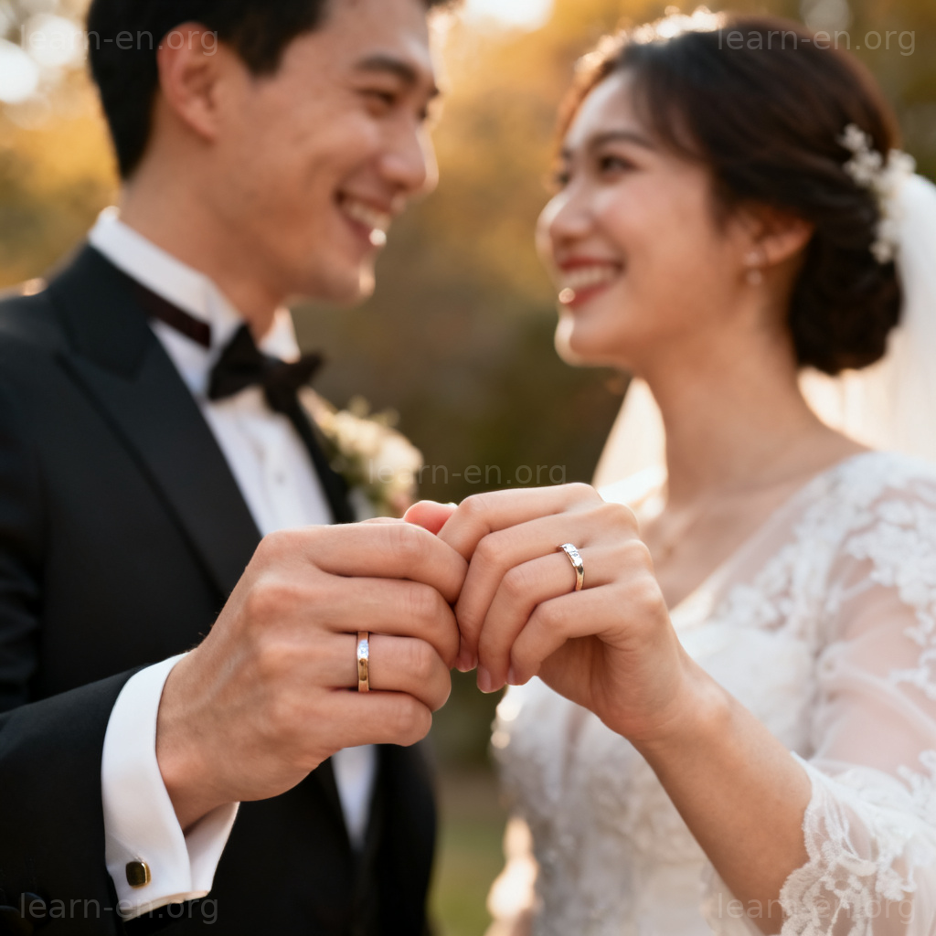 spouse 配偶图解：婚礼场景中夫妻双手相握，佩戴婚戒