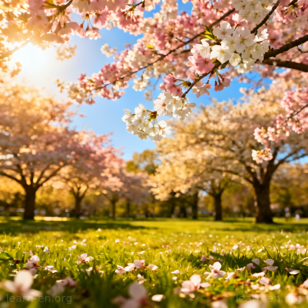 spring 春季含义图解：樱花盛开的公园春日场景