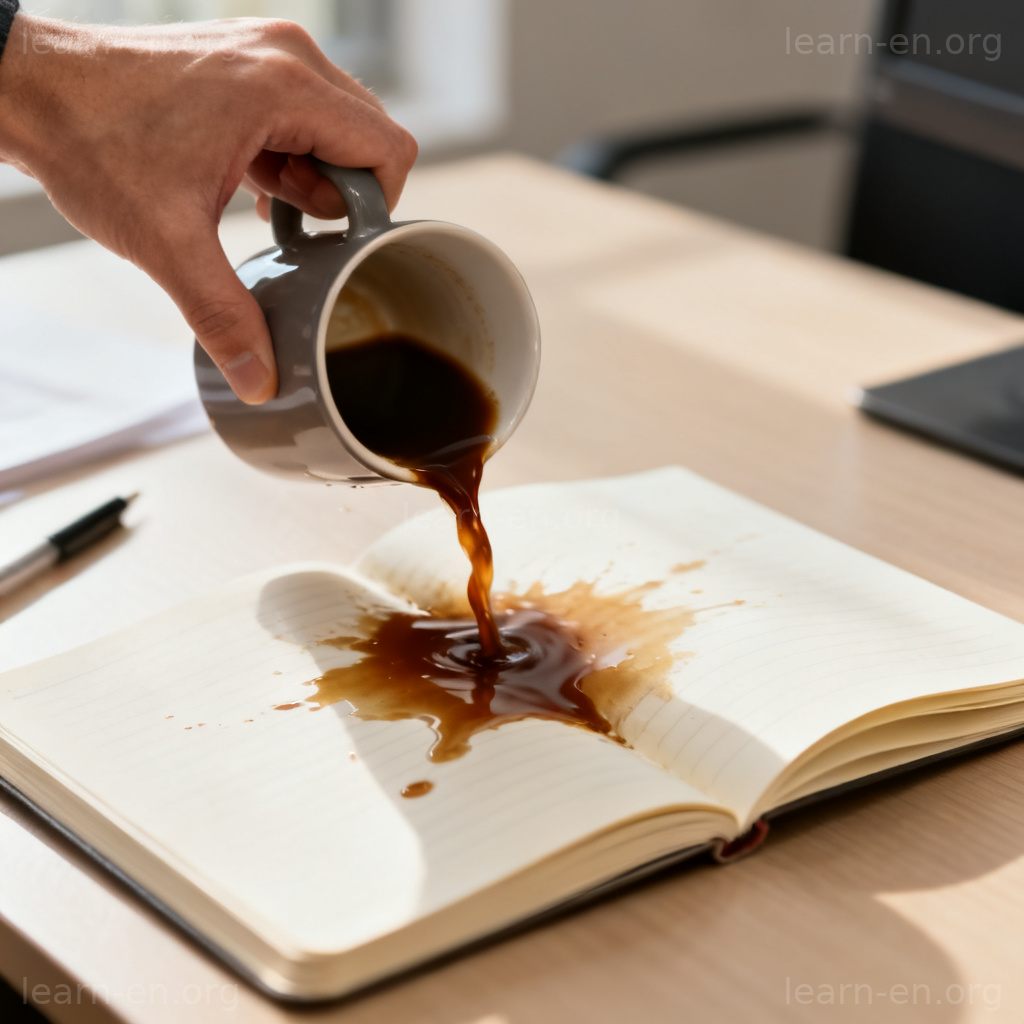 stain 弄脏动作图解：咖啡洒在笔记本上的瞬间