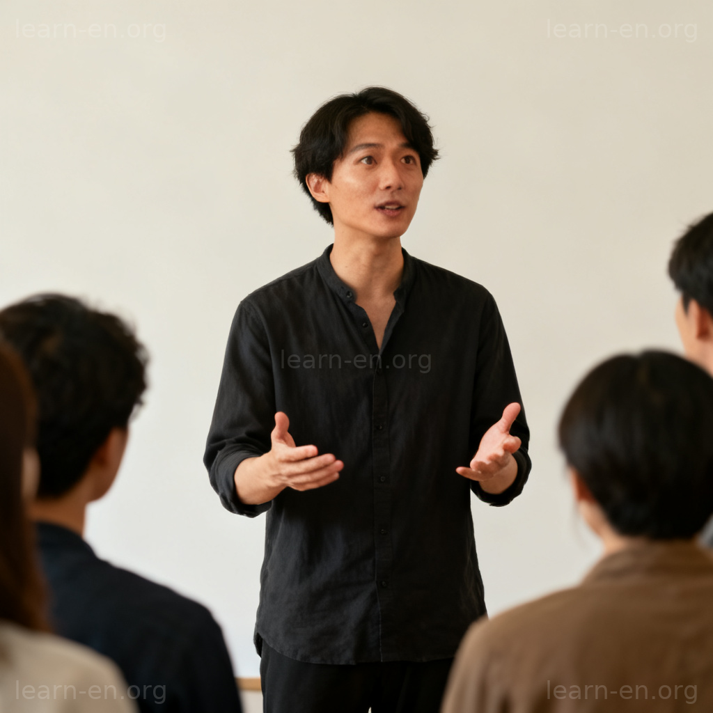 statement 陈述含义图解：人物向小组进行解释说明的场景