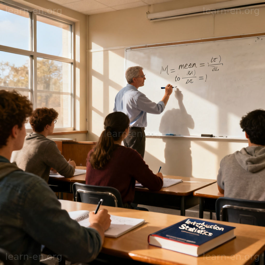 statistics 图解：大学教授在白板上讲解统计学公式