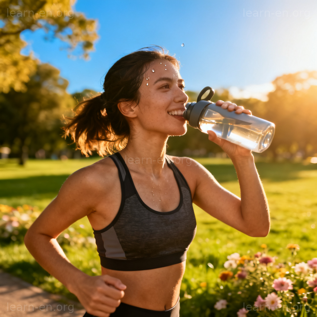 stay hydrated 图解：阳光下公园运动的人正用环保水瓶喝水保持水分