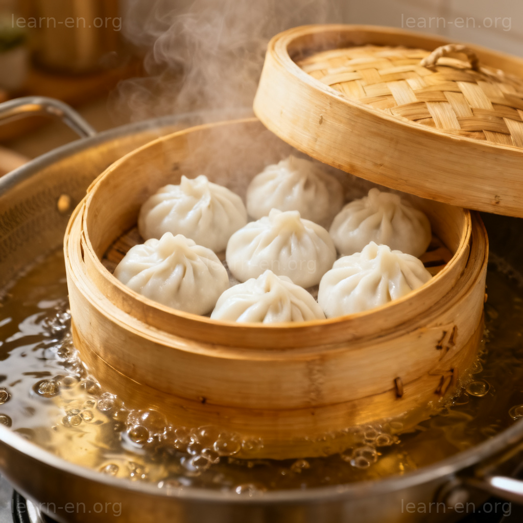 steam 蒸烹饪图解：竹蒸笼蒸包子冒蒸汽