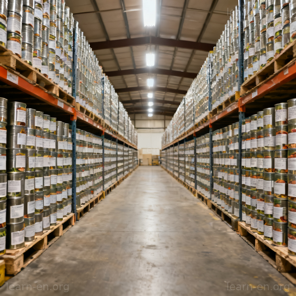 stockpile 名词图解：仓库中大量整齐堆叠的物资储备