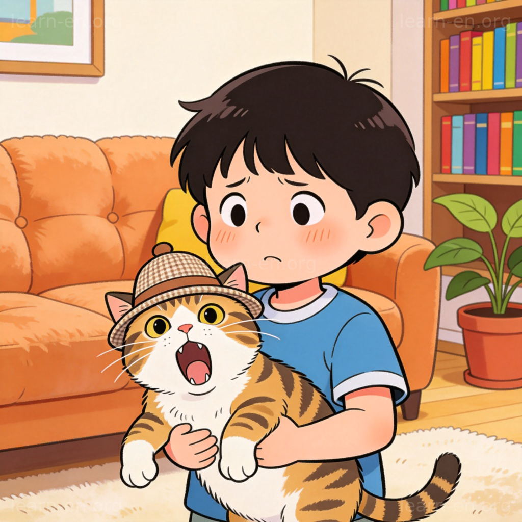 strange 含义图解：孩子对戴帽子学狗叫的猫感到奇怪
