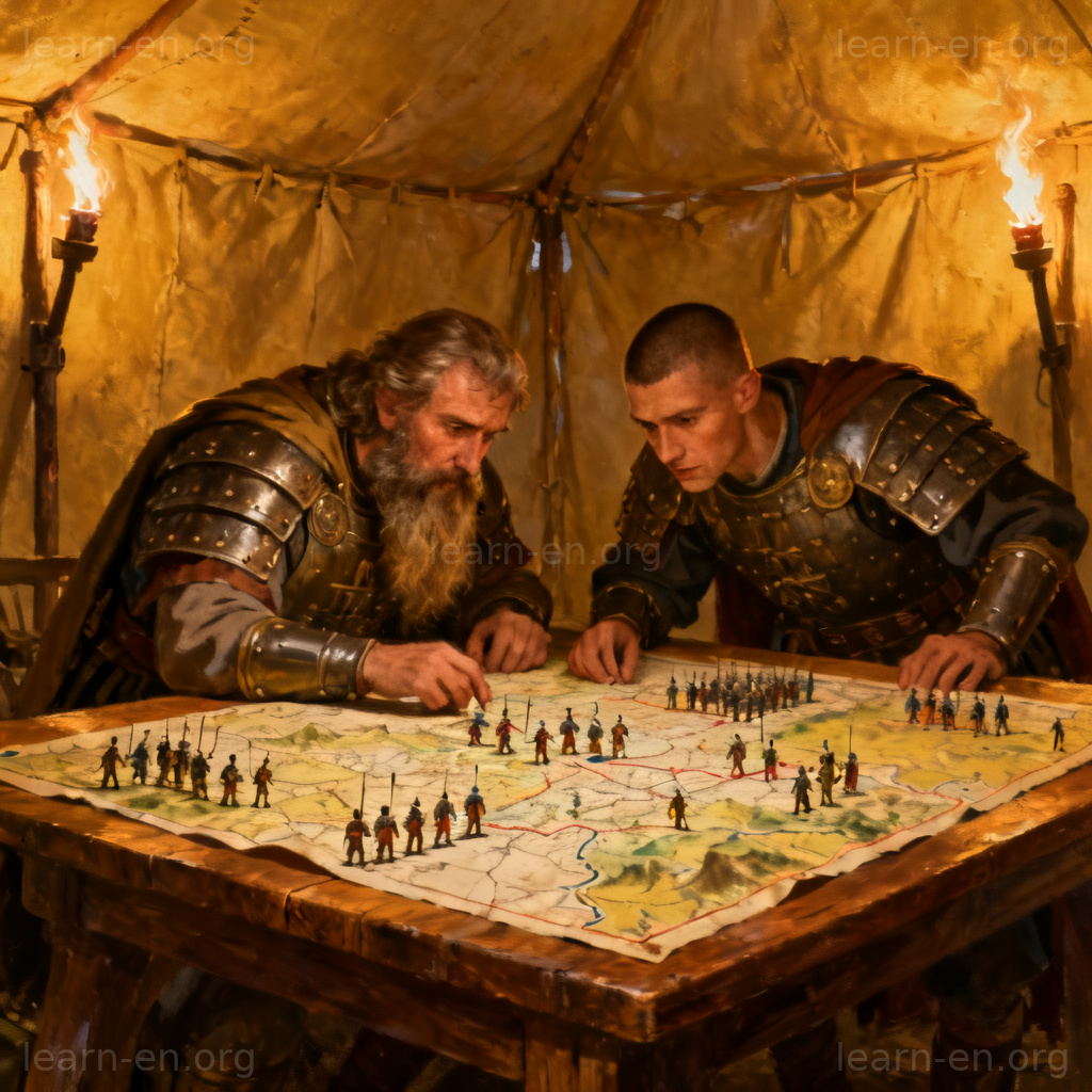 strategy 战略图解：古代将领在帐篷中研究军事地图