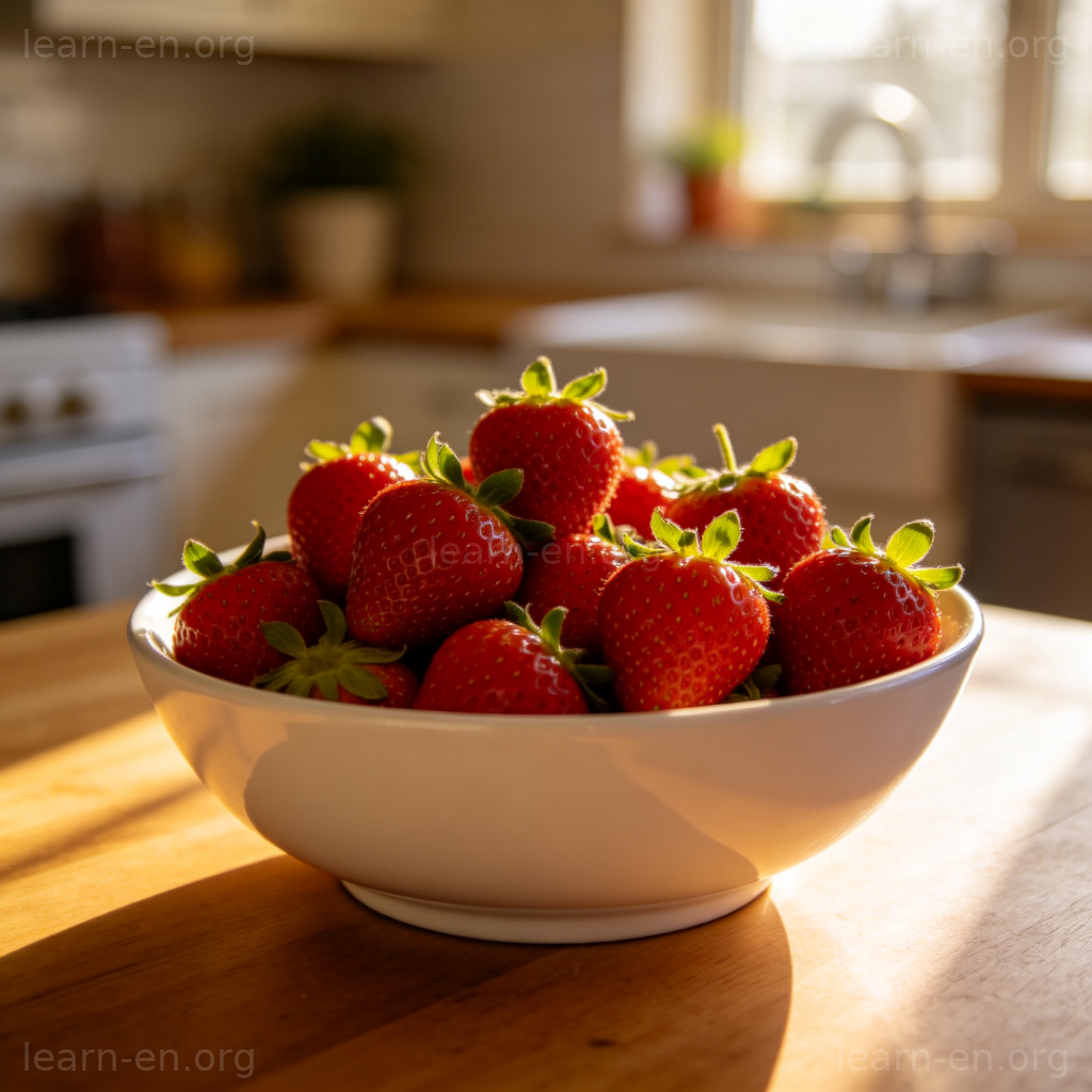 Strawberry 草莓图解：木桌上新鲜带绿叶的红草莓