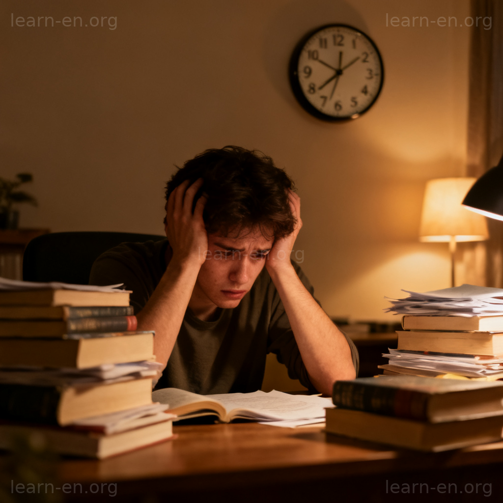 stress 压力含义图解：疲惫的年轻人在书桌前