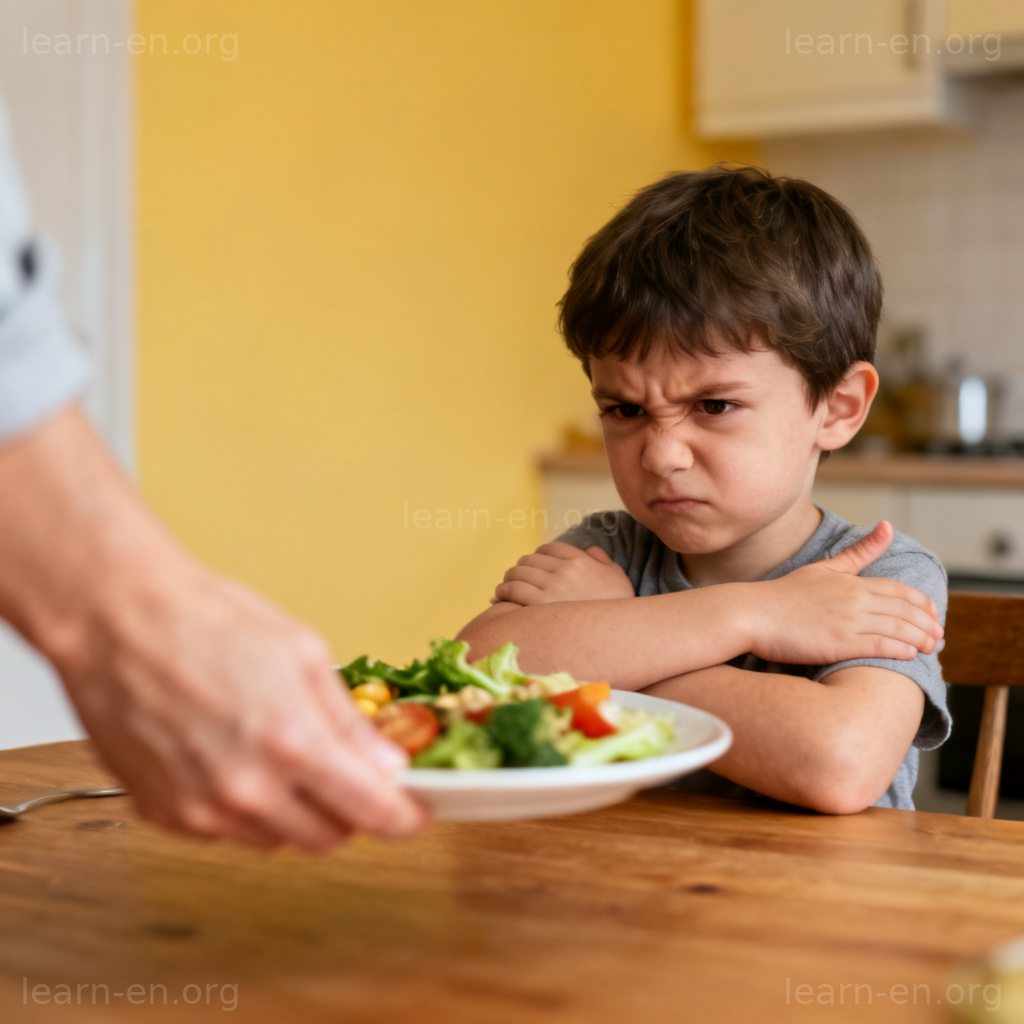 stubborn 顽固含义图解：孩子拒绝健康食物的倔强表情
