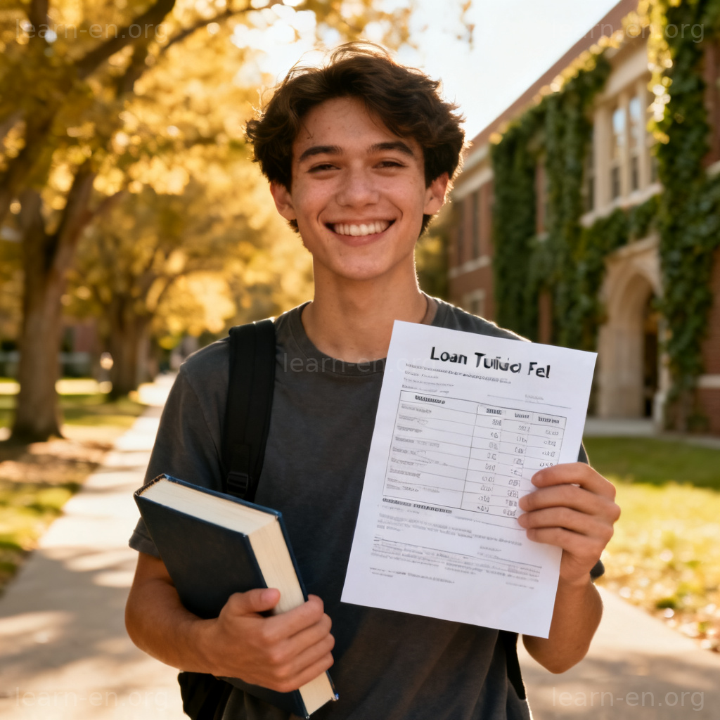 student loan 学生贷款图解：学生在校园查看学费贷款文件