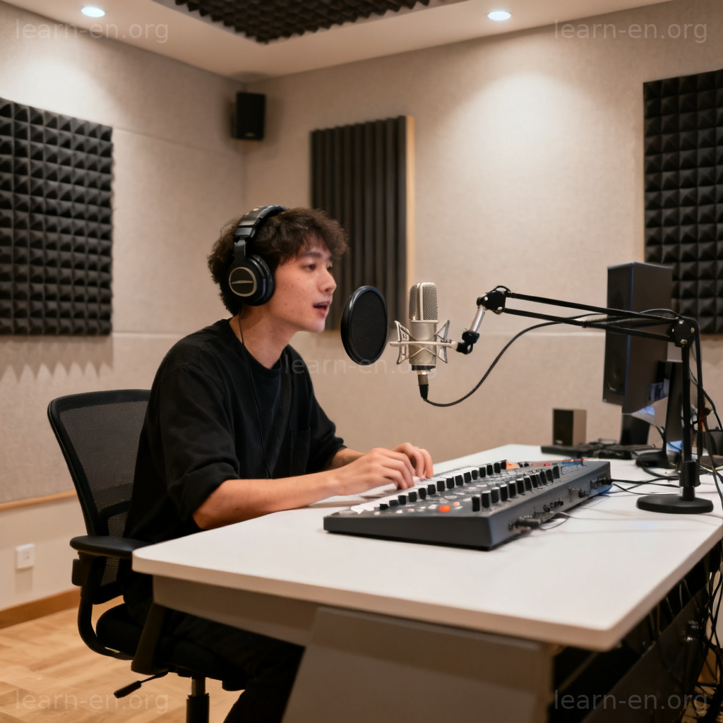 Studio 含义图解：专业人员在隔音播音室内录音