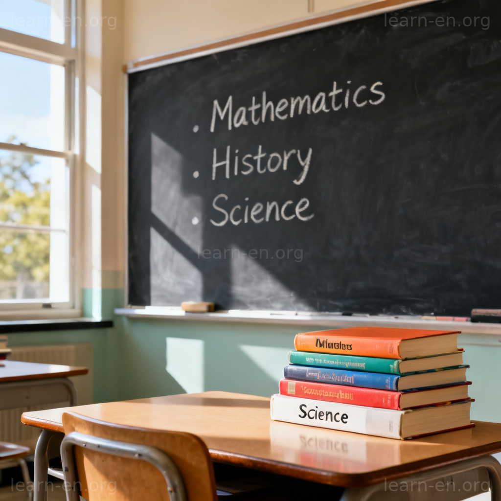 subject 学科含义图解：教室黑板上的数学历史科学课程列表
