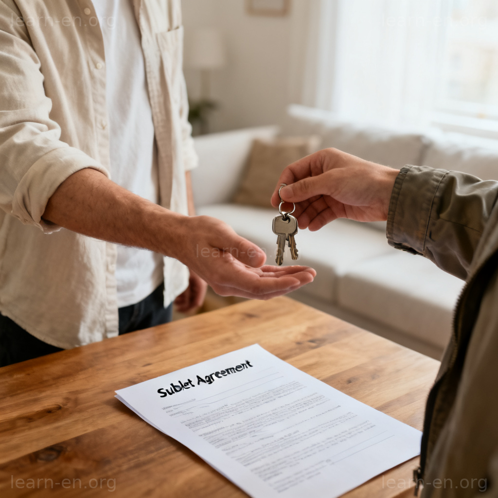 sublet 转租图解：一人向新租客交接公寓钥匙