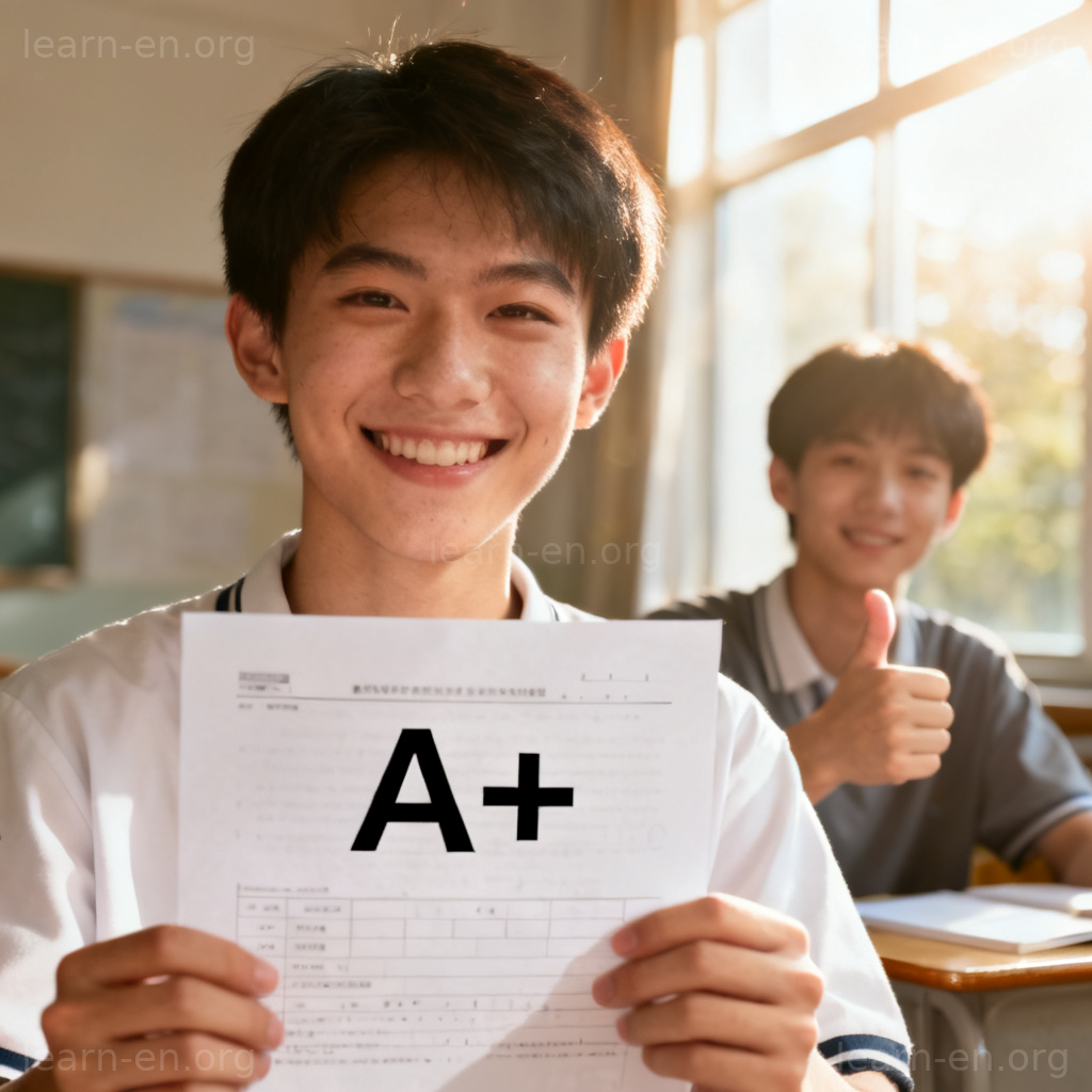 succeed 成功含义图解：学生展示优异成绩的喜悦场景