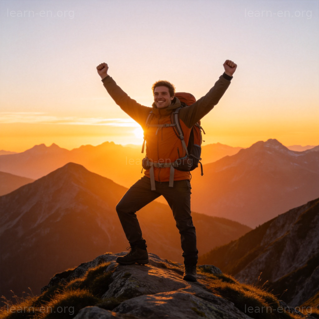 success 成功含义图解：登山者登顶后庆祝胜利的场景