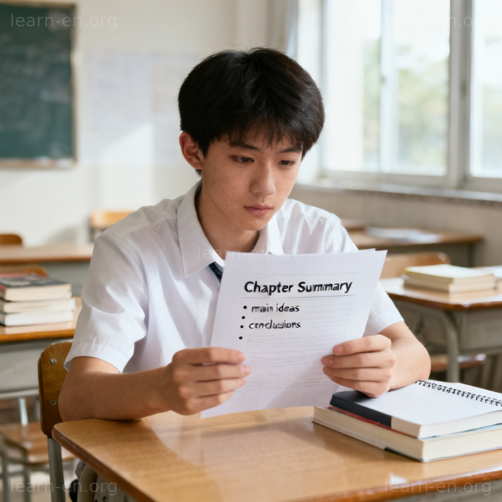summary 单词图解：学生在教室阅读带有要点的摘要文档