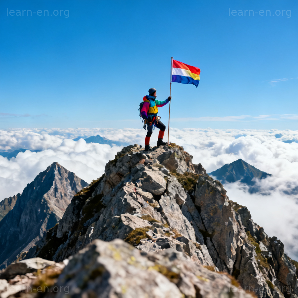 summit 山顶图解：登山者站在岩石顶峰插旗