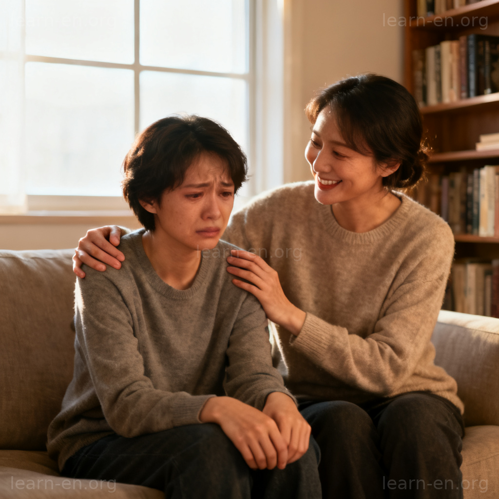 supportive 含义图解：朋友在客厅给予安慰和支持的场景