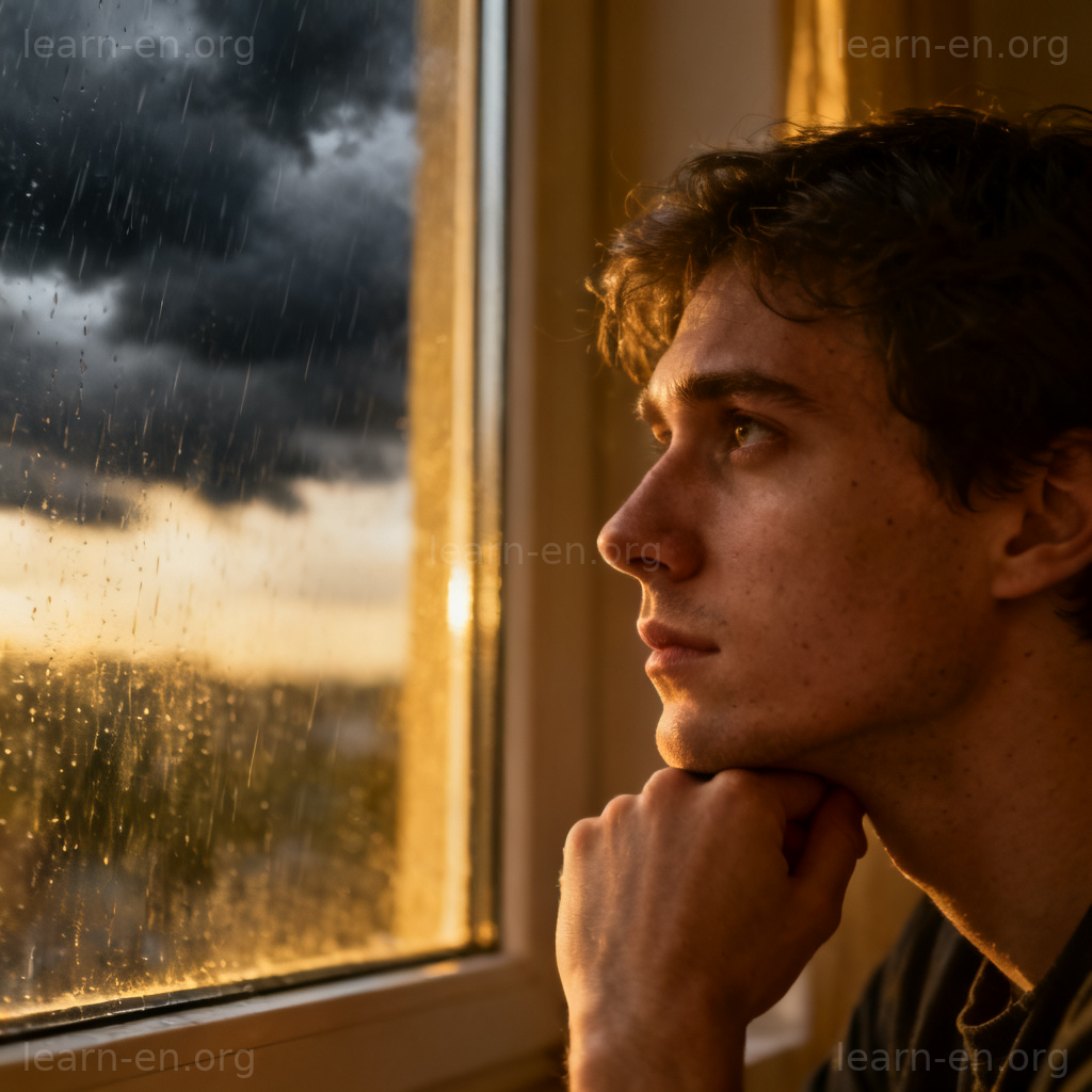 suppose 含义图解：人物观察窗外乌云，思考是否下雨