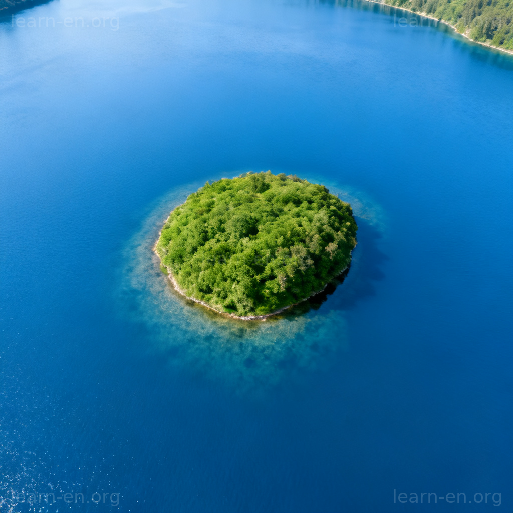 surround 含义图解：湖水完全包围小岛的俯视场景