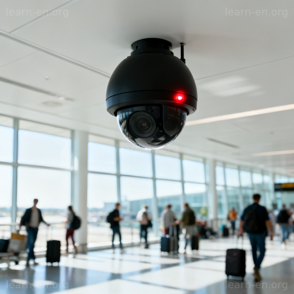 surveillance 监视场景图解：机场天花板上的黑色监控摄像头