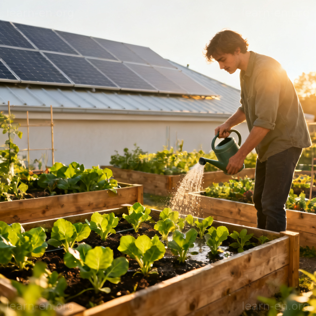 sustainable 可持续含义图解：阳光社区花园与太阳能板